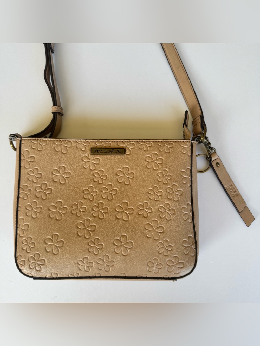 Frye Women's Beige Embossed Daisy Flower Crossbody Bag Adjustable Strap